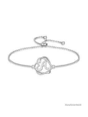 925 Sterling Silver Heart Initial Bracelet Women Love Gift